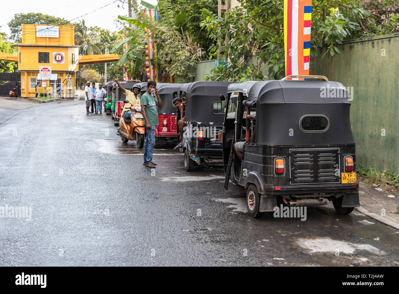 Galle, Sri Lanka - Febbraio 17th, 2019: coda di autisti di tuk tuk in attesa di passeggeri al di fuori del terminal del porto di Galle, Sri Lanka. Foto Stock
