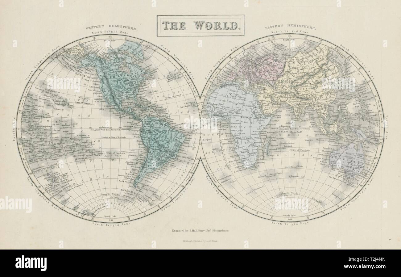 Mondo twin emisferi. Western & emisferi orientale. SIDNEY HALL 1856 mappa Foto Stock