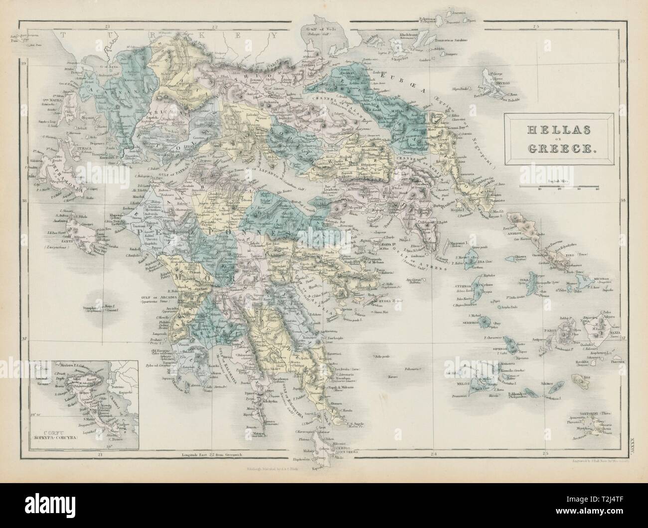 Hellas o in Grecia. Mar Ionio, Cicladi & isole dell' Egeo. SIDNEY HALL 1856 mappa vecchia Foto Stock