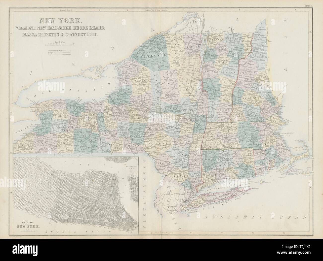 New York & New England. VT CT RI MA NH. Manhattan NYC piano. SIDNEY HALL 1856 mappa Foto Stock