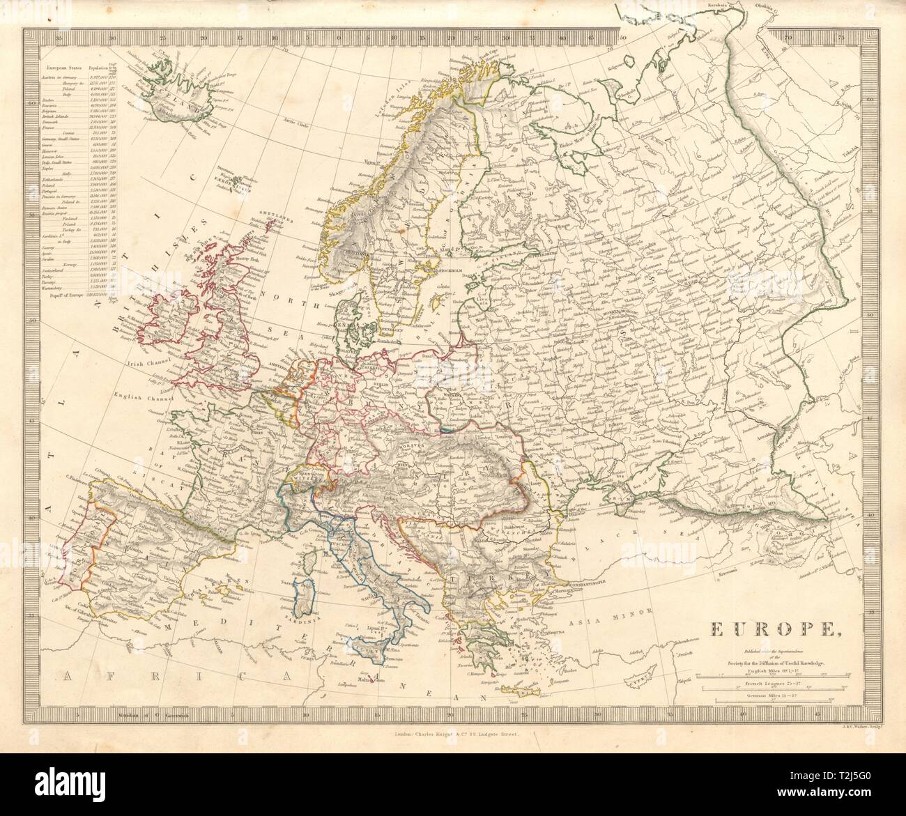 Europa mappa generale. Lombardia austriaca-veneto. Bagno turco di Creta. SDUK 1845 Foto Stock