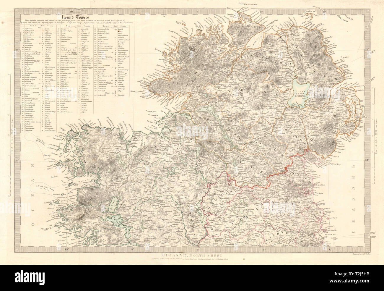 L'irlanda Nord foglio. Elenco delle torri rotonde Cloigtheach Cloigthithe. SDUK 1845 mappa Foto Stock