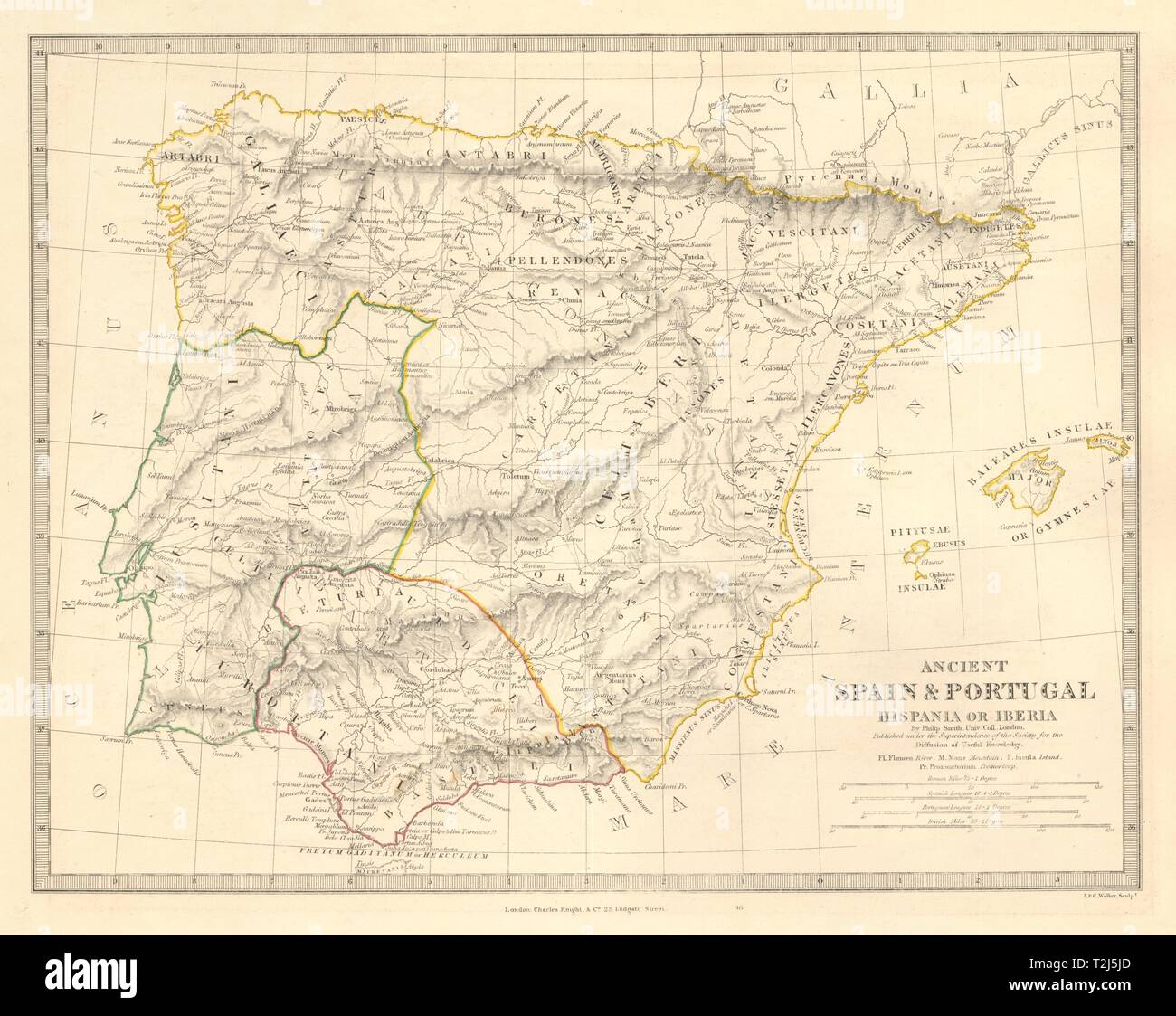 HISPANIA IBERIA. Antica Spagna & Portogallo. Nomi romani e strade. SDUK 1845 mappa Foto Stock