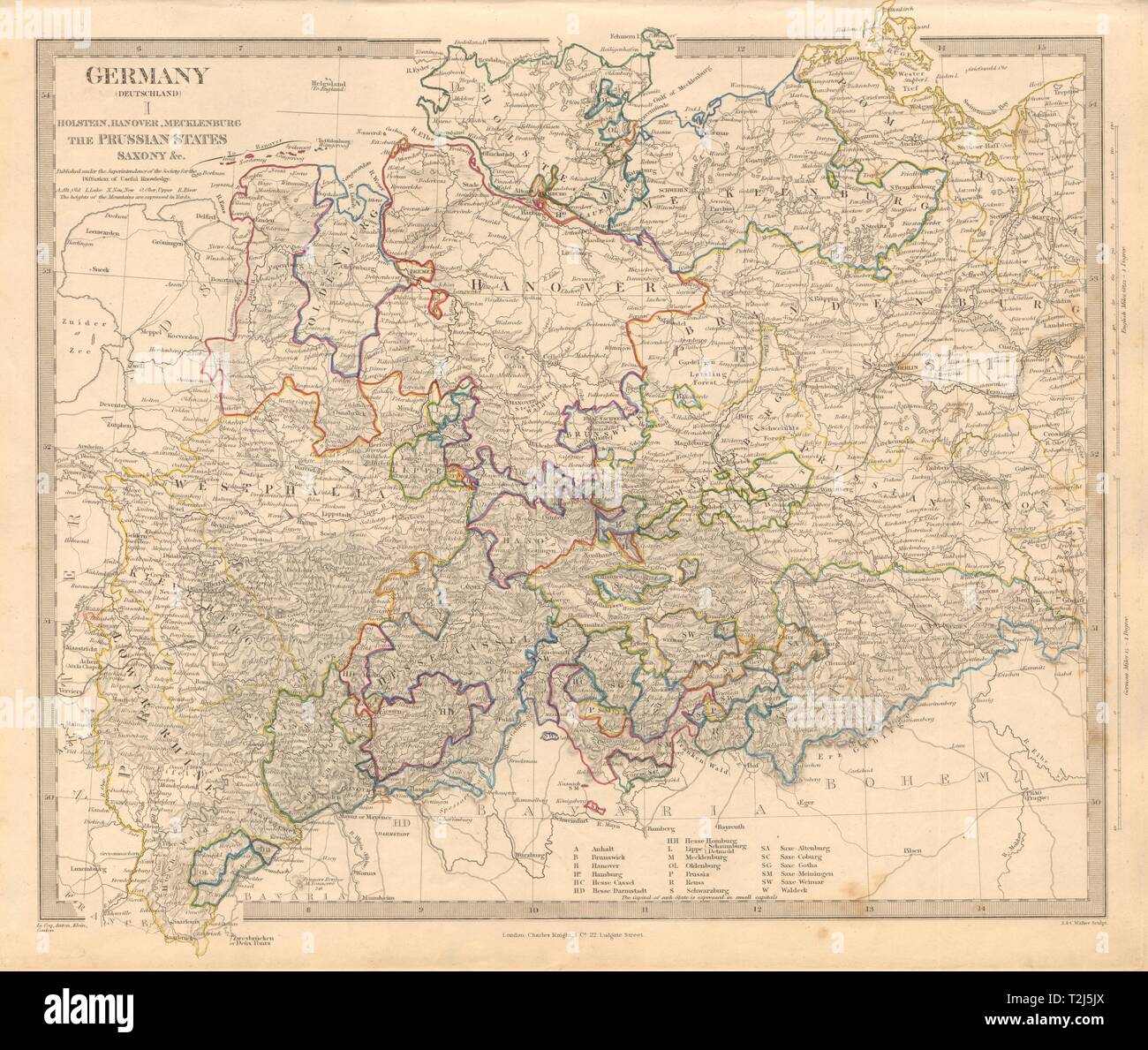 La Germania settentrionale. Hannover Holstein Meclemburgo Prussia Sassonia. SDUK 1845 mappa Foto Stock
