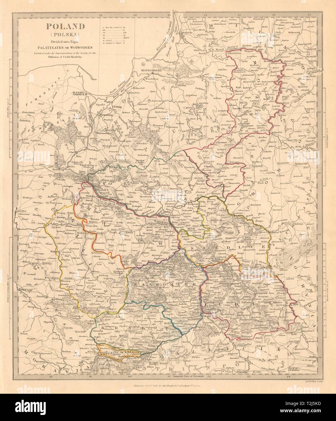 La Polonia POLSKA. Palatinates Woiwodies. Mazow Cracovia Plock Kalisz. SDUK 1845 mappa Foto Stock