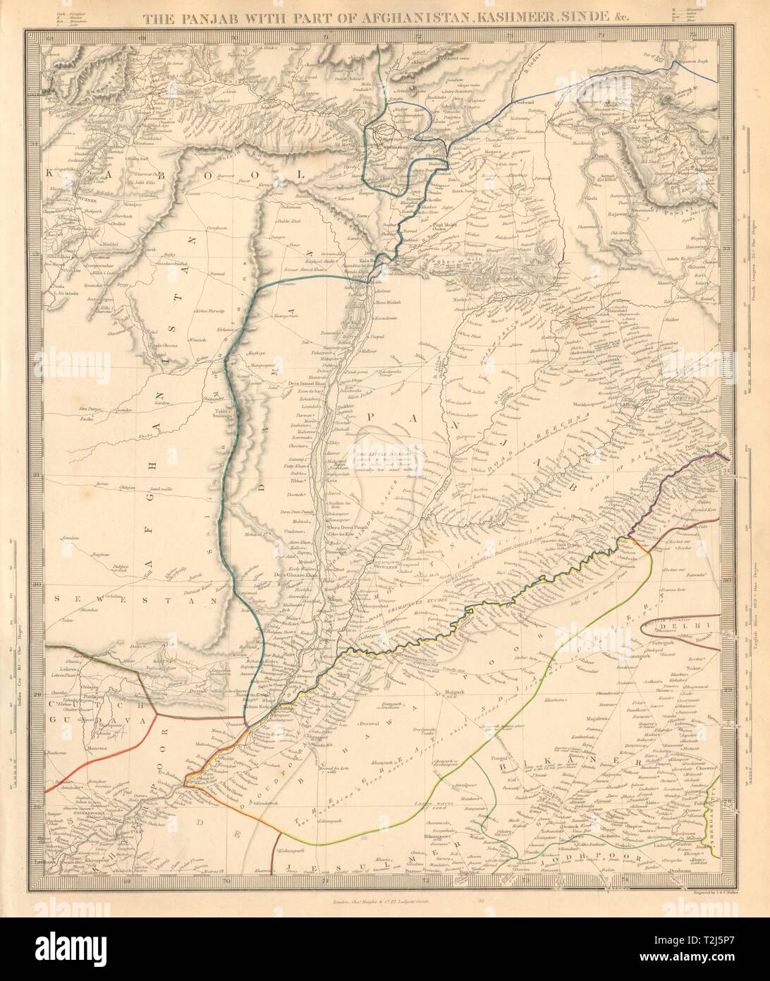 Il PANJAB. Il pakistan. Il Punjab, Afghanistan, Kashmir e Sinde. SDUK 1846 mappa Foto Stock