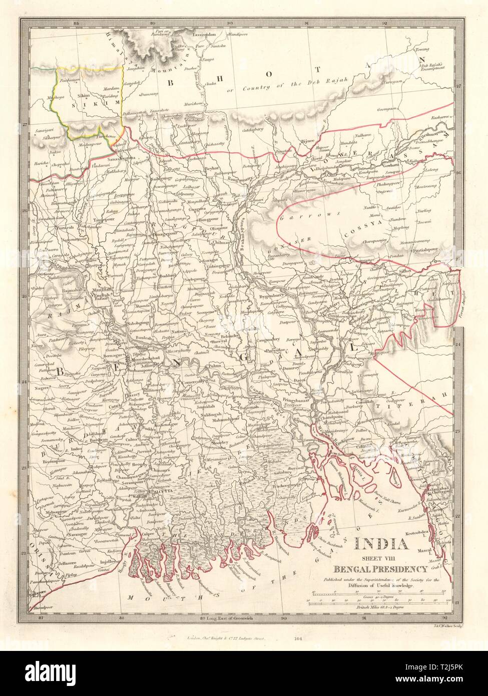 INDIA VIII. Presidenza del Bengala. Bangladesh Chittagong Sikim Bhutan. SDUK 1846 mappa Foto Stock