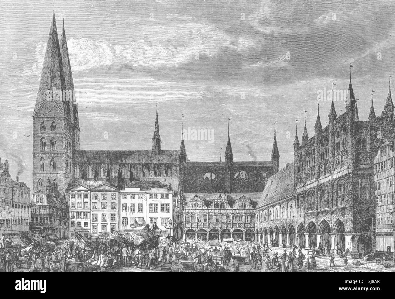 Germania. Lubeck. Il mercato, con la Chiesa di Santa Maria e il municipio c1893 stampa vecchi Foto Stock