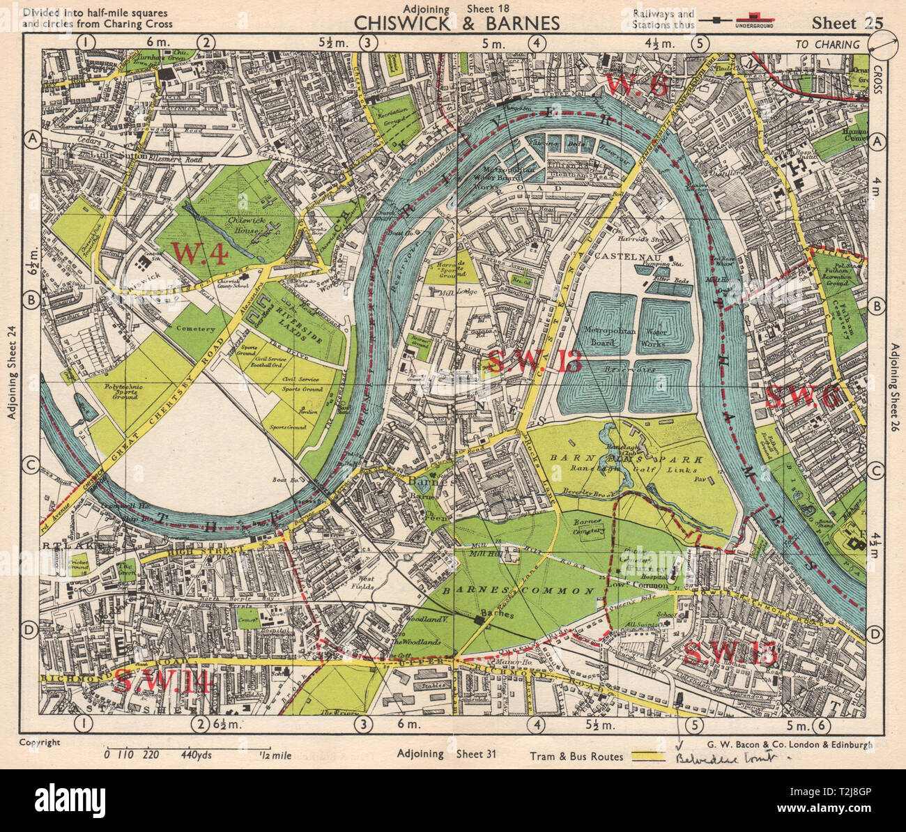 SW di Londra. Il Chiswick Barnes Castlenau Fulham Hammersmith Mortlake.BACON 1948 mappa Foto Stock