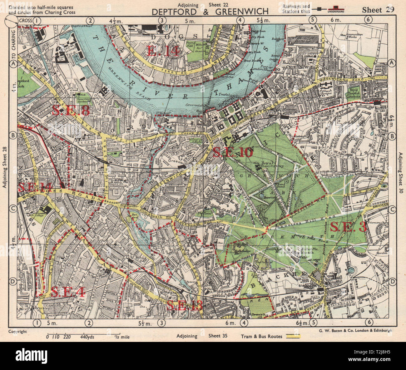 SE Londra. Deptford Greenwich Cubitt Town Lewisham Blackheath. BACON 1948 mappa Foto Stock