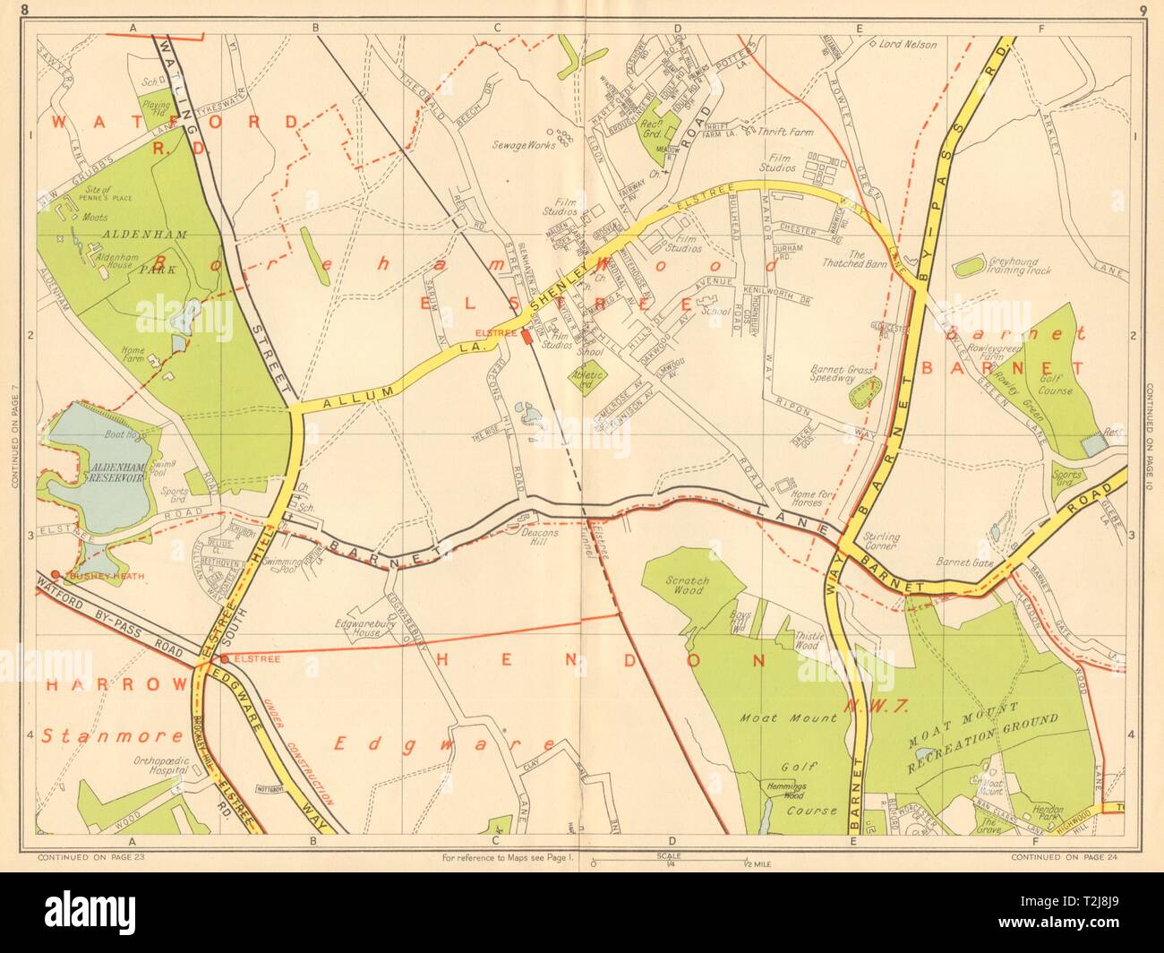Barnet Elstree Borehamwood Hendon Stanmore NW7. I geografi' A-Z 1948 mappa vecchia Foto Stock