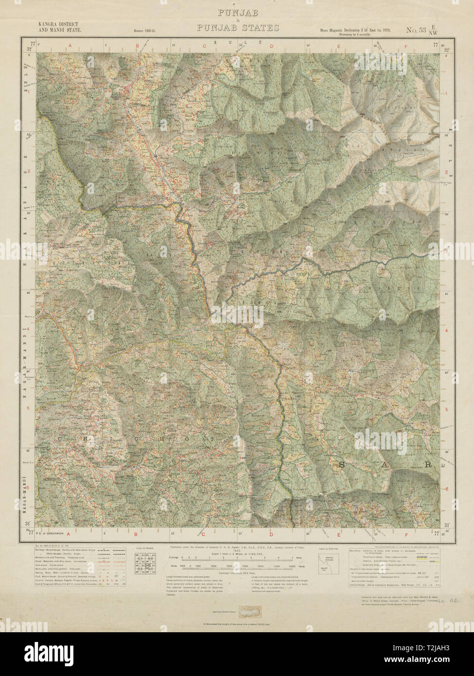Sondaggio di INDIA 53 E/NW Himachal Pradesh Kullu Pandoh Shoja Bhuntar 1923 mappa Foto Stock