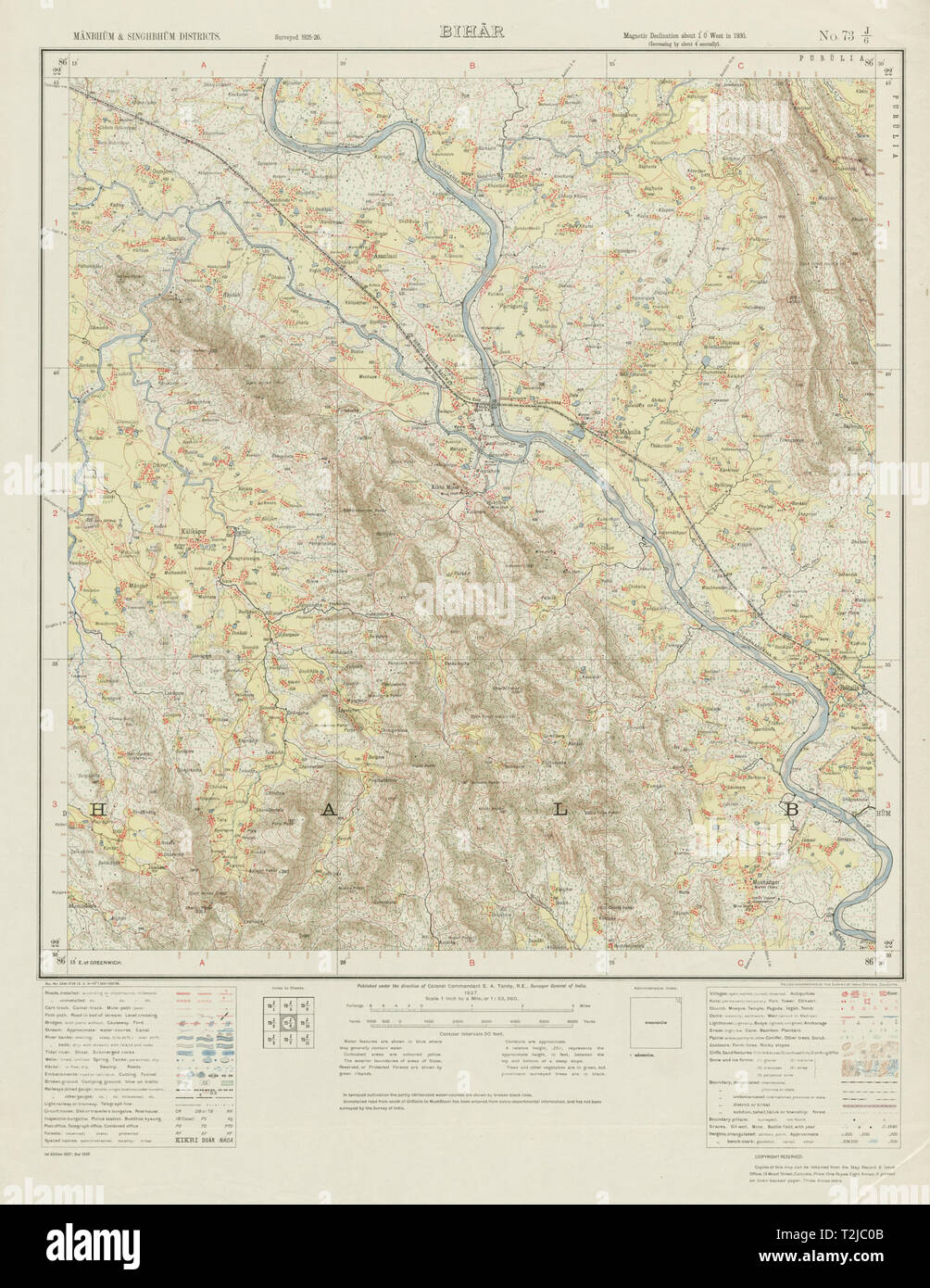 Sondaggio di INDIA 73 J/6 nello stato del Jharkhand Kalikapur Ghatshila Mahulia Musabani 1927 mappa Foto Stock