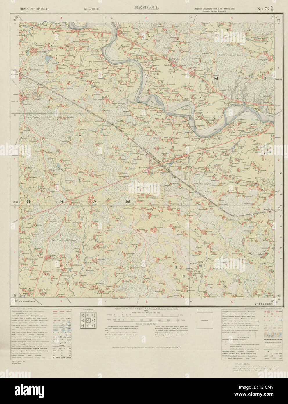 Sondaggio di INDIA 73 N/3 West Bengal Manikpara Gojasimul Kharagpur Putki 1932 mappa Foto Stock
