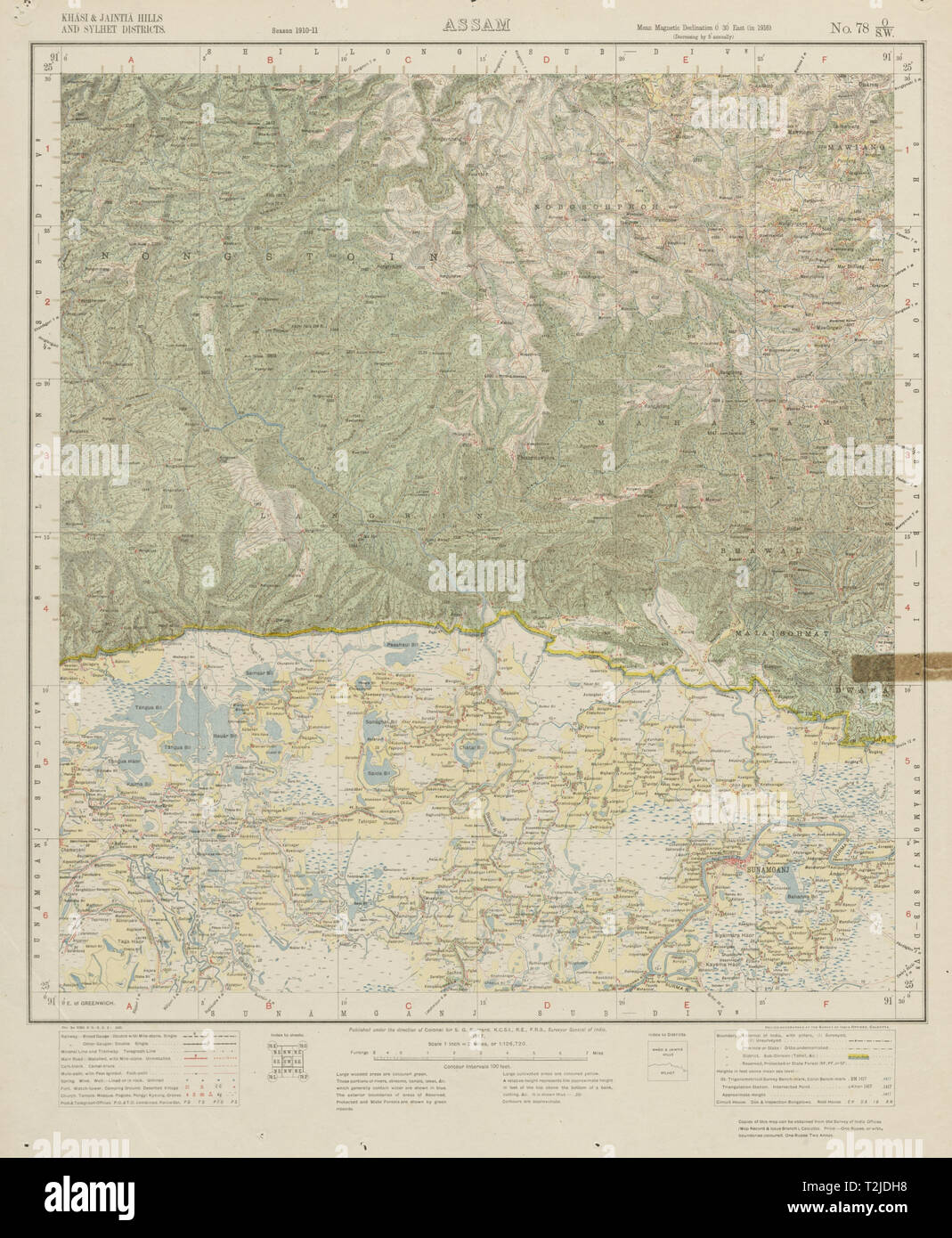 Sondaggio di INDIA 78 O/SW Bangladesh Sunamganj Cherrapunji-Mawsynram 1917 mappa Foto Stock