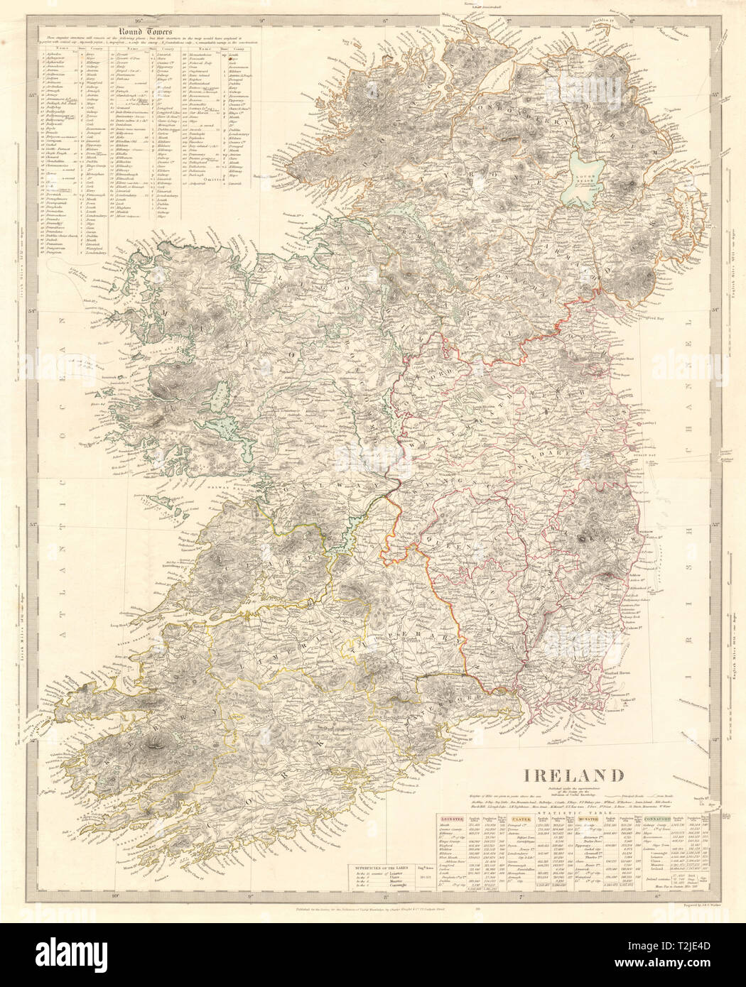 L'Irlanda su 2 fogli congiunti 50x62cm. Torri rotonde Cloigthithe. SDUK 1845 mappa Foto Stock