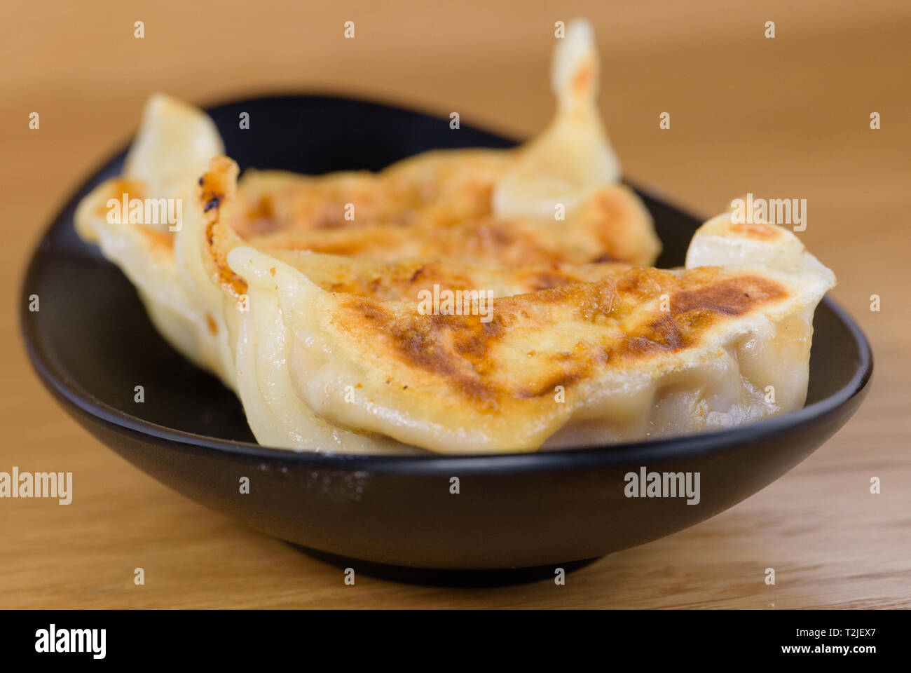 Grigliata ravioli giapponese servita su una piastra nera, con ripieno di carne, gyoza ricetta tradizionale Foto Stock