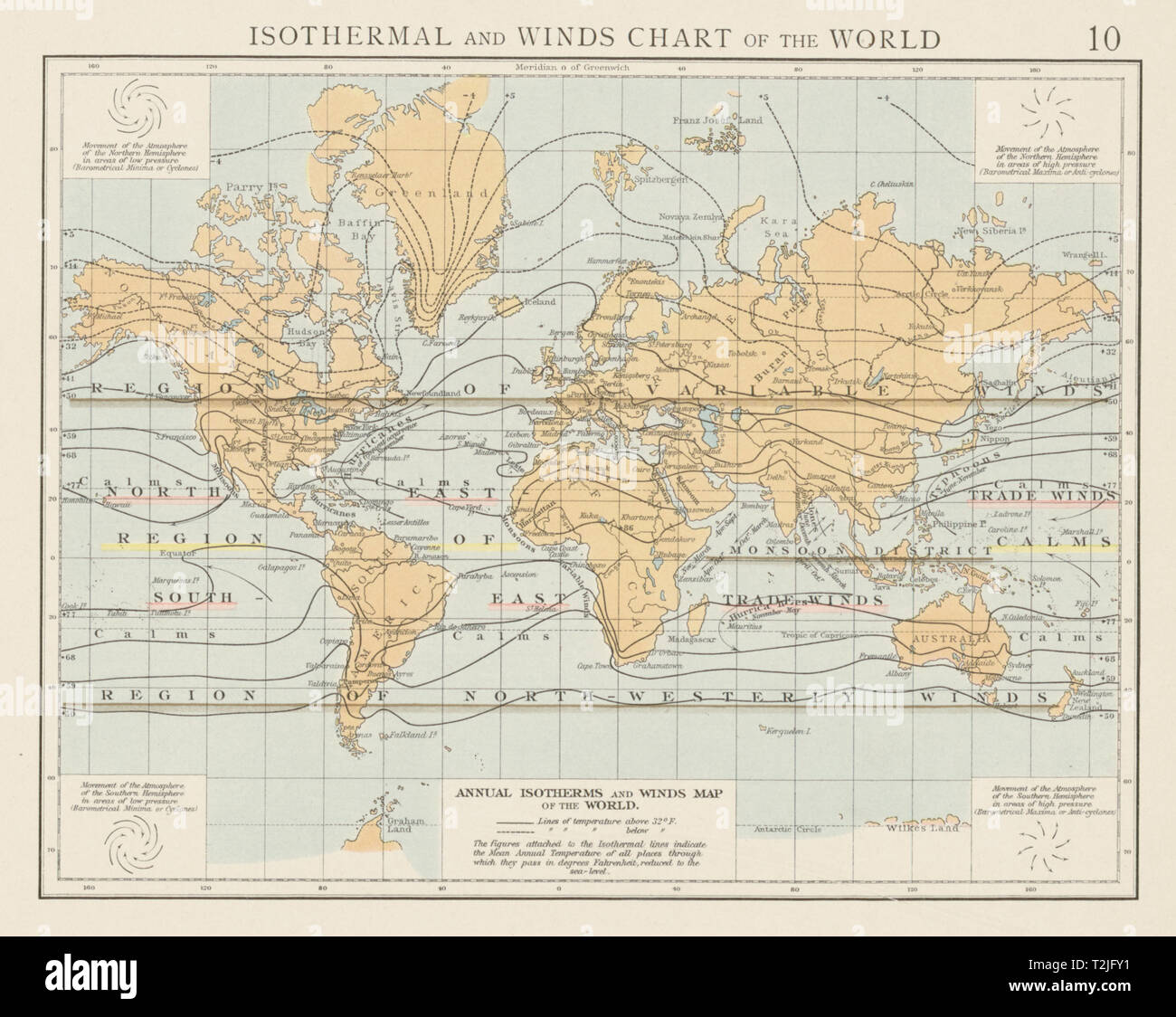 Isotermica e venti grafico del mondo. I TEMPI 1900 antica mappa Foto stock  - Alamy