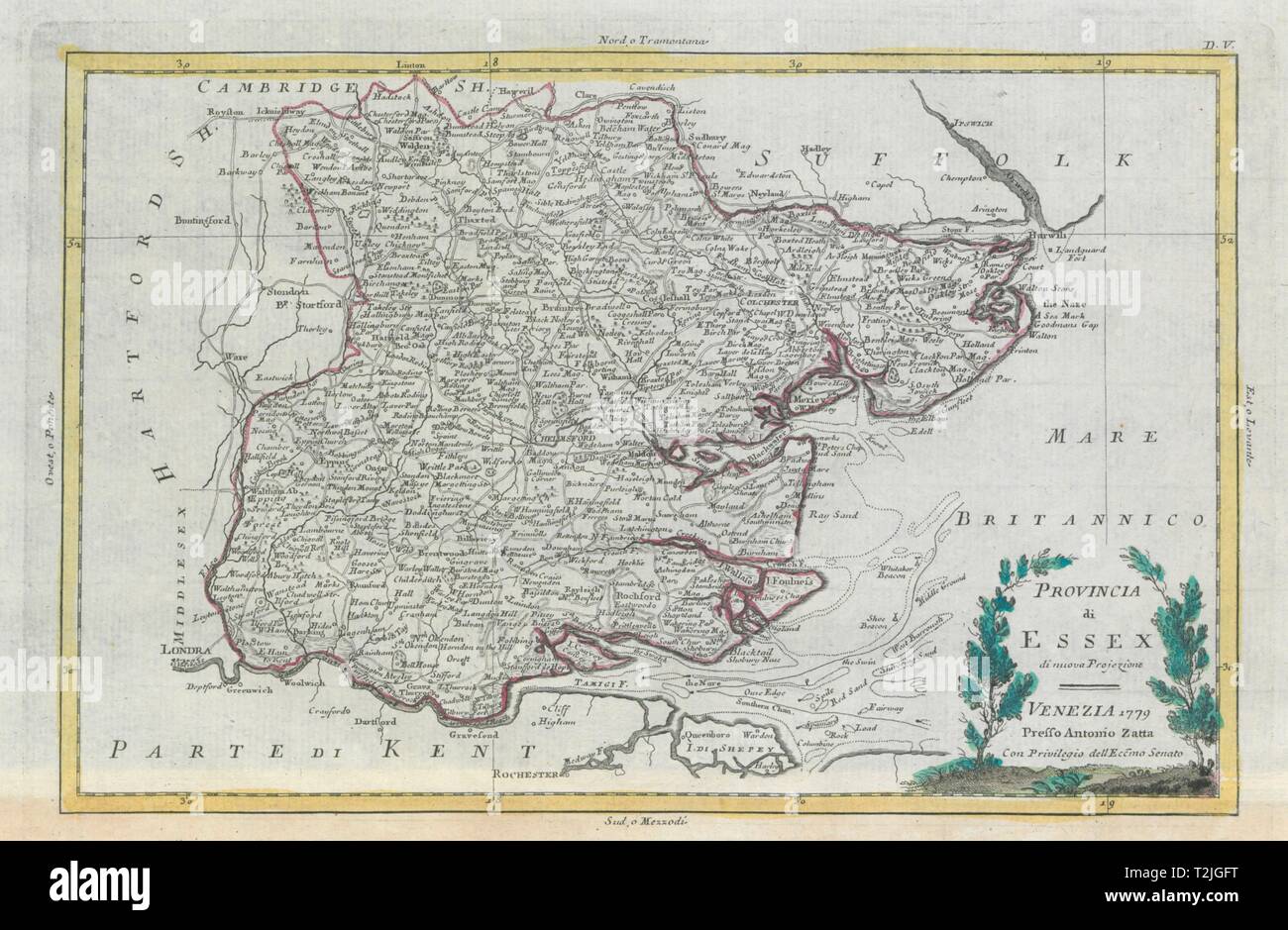 Provincia di Essex'. Essex County map. ZATTA 1779 antichi grafico del piano Foto Stock