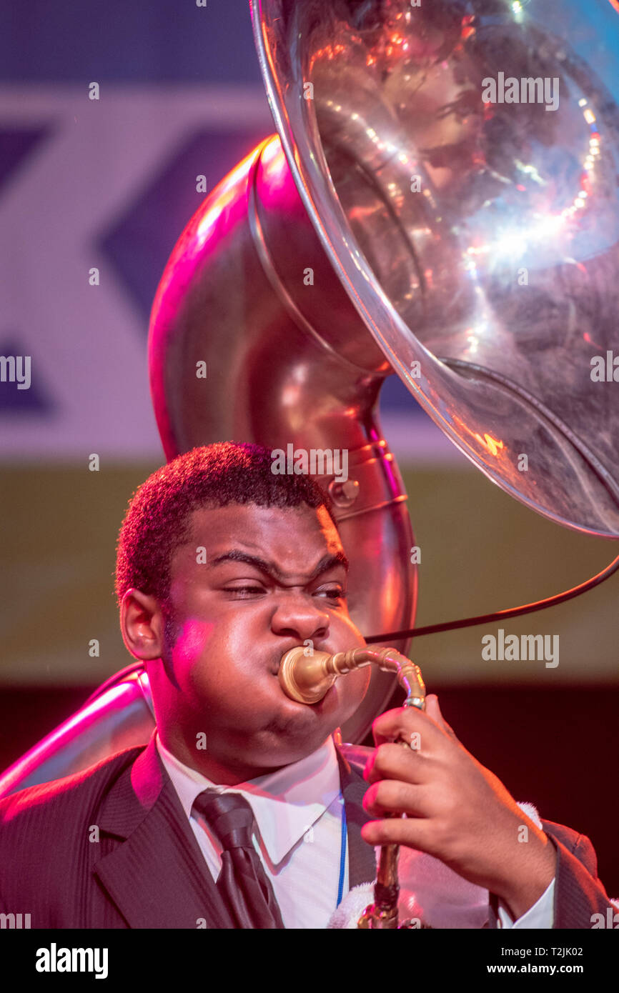 Gli stati da Mangum & Company, una banda di gridare, giocando il tubo sul palco National Folk Festival di Salisbury, MD Foto Stock