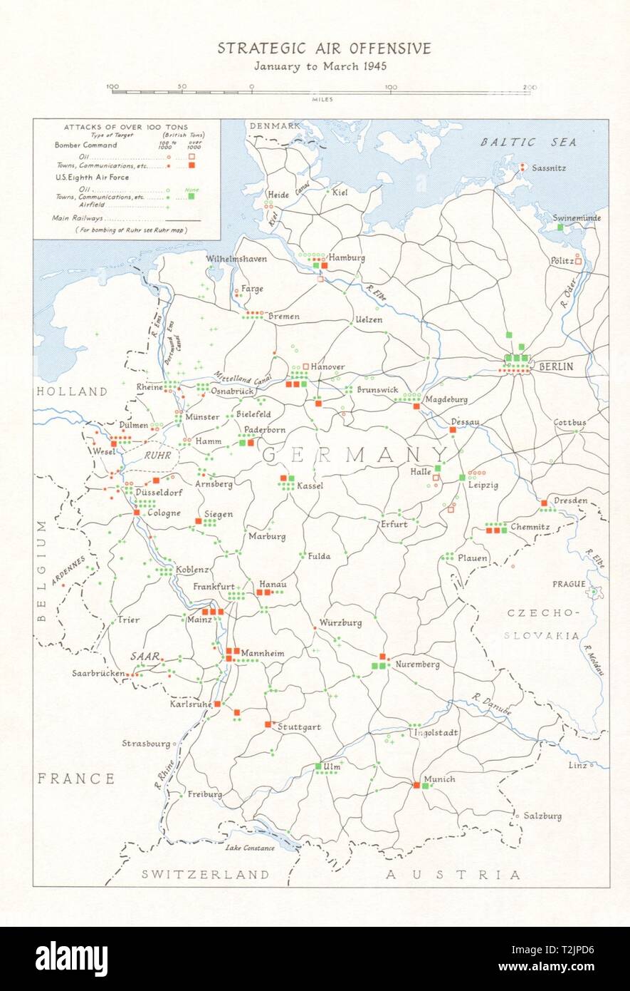 Strategic Air offensivo Jan-March 1945 Germania. Il USAF RAF Bomber Command 1968 mappa Foto Stock