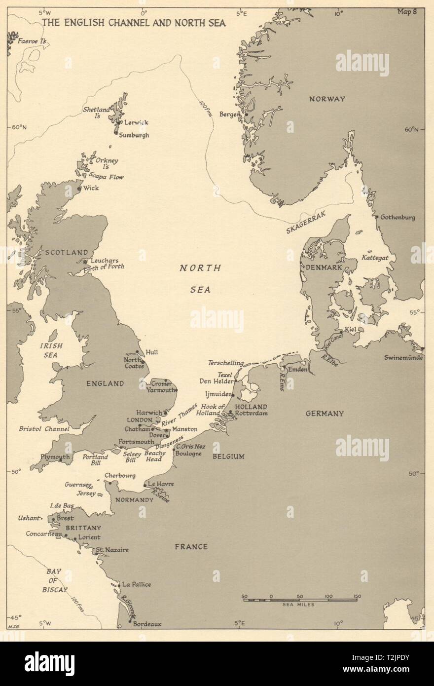 Canale Inglese & porti del Mare del Nord. 1943 battaglia dell'Atlantico 1954 mappa vecchia Foto Stock