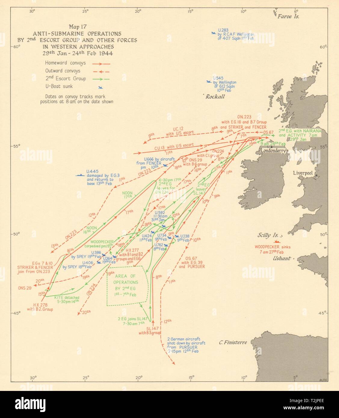 Battaglia dell'Atlantico. Anti-sommergibile operazioni. Gennaio-febbraio 1944. WW2 1954 mappa Foto Stock