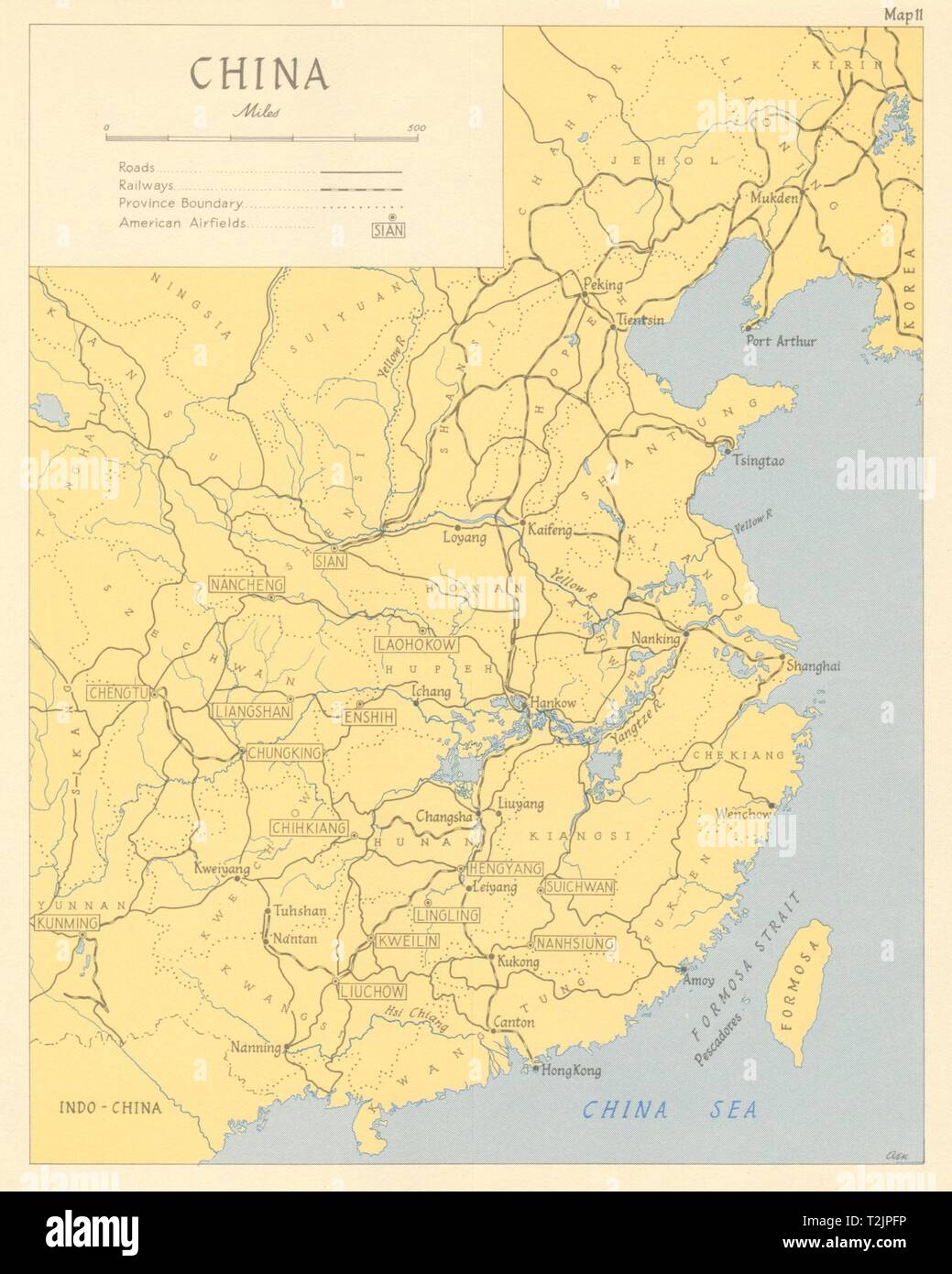 La Cina nel 1944 mostra campi di aviazione americana. Il USAF 1961 old vintage map piano grafico Foto Stock