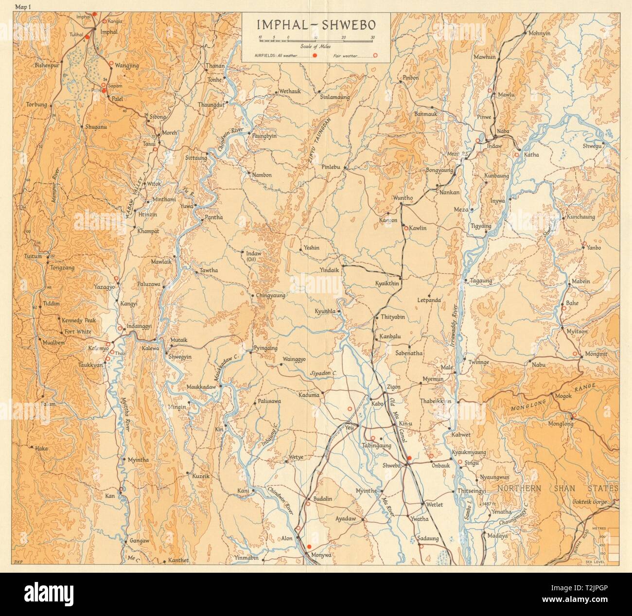 Campagna di birmania 1944. Imphal - Shwebo. Campi di aviazione. Guerra Mondiale 2 1965 mappa vecchia Foto Stock