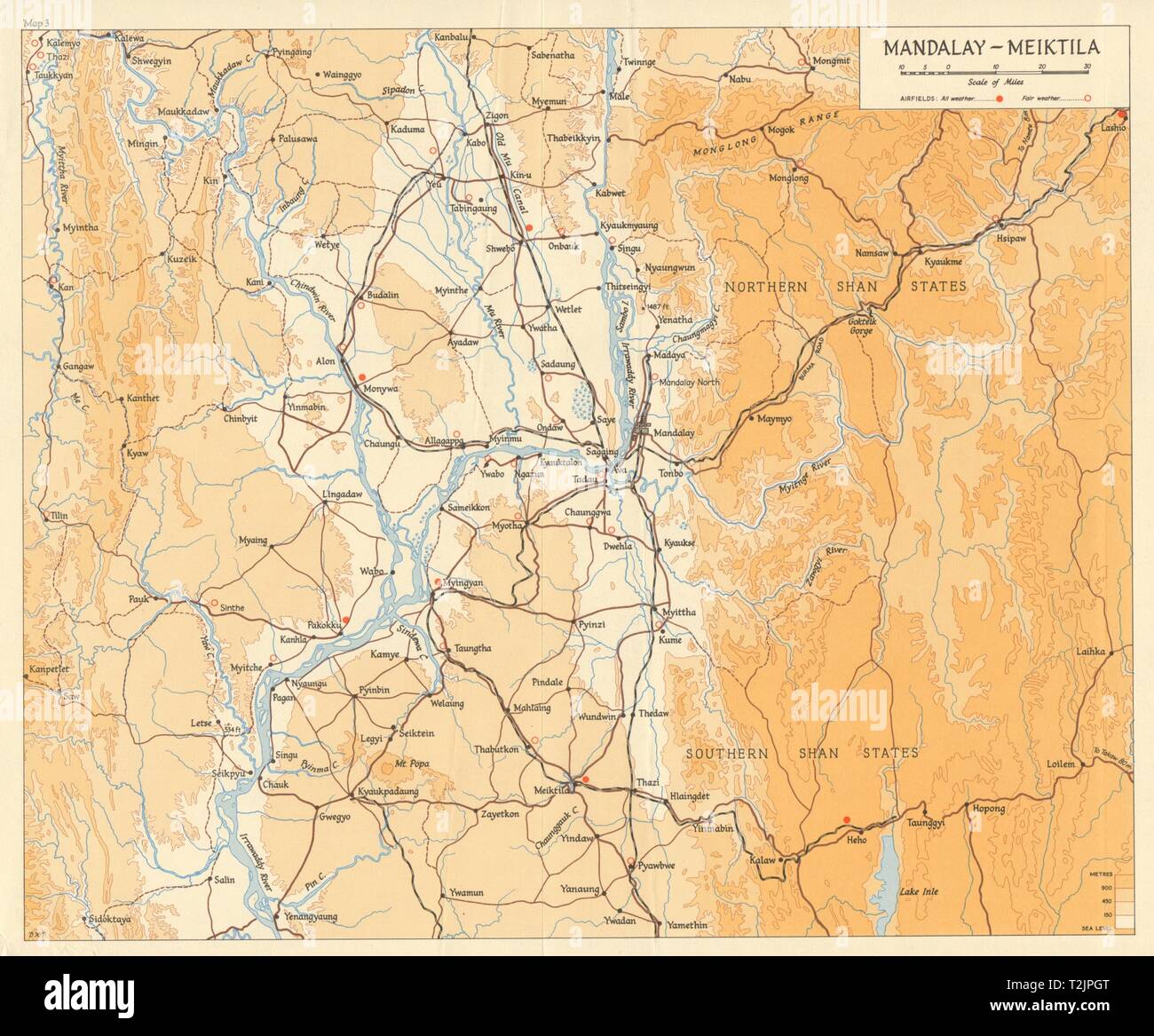 Campagna di birmania 1944. Mandalay - Meiktila. Campi di aviazione. Guerra Mondiale 2 1965 mappa vecchia Foto Stock