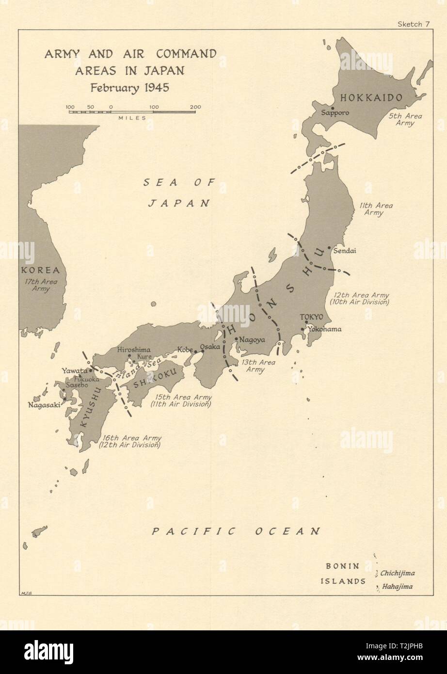 Esercito e comando aria aree in Giappone, febbraio 1945. Guerra Mondiale 2 1965 mappa vecchia Foto Stock