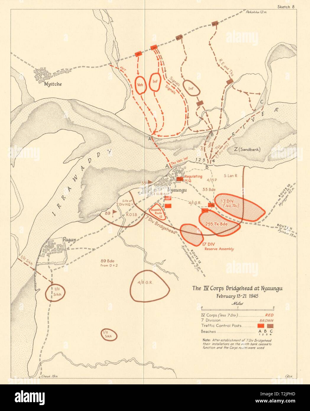 IV Corps Bridgehead, Nyaungu 13-21 feb 1945. Campagna di Birmania Guerra Mondiale 2 1965 mappa Foto Stock