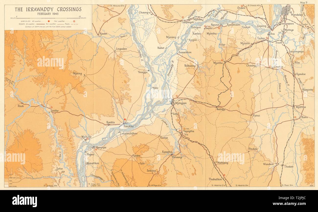 Attraversamenti di Irrawaddy Febbraio 1945 Battaglia di Mandalay campagna di Birmania WW2 1965 mappa Foto Stock