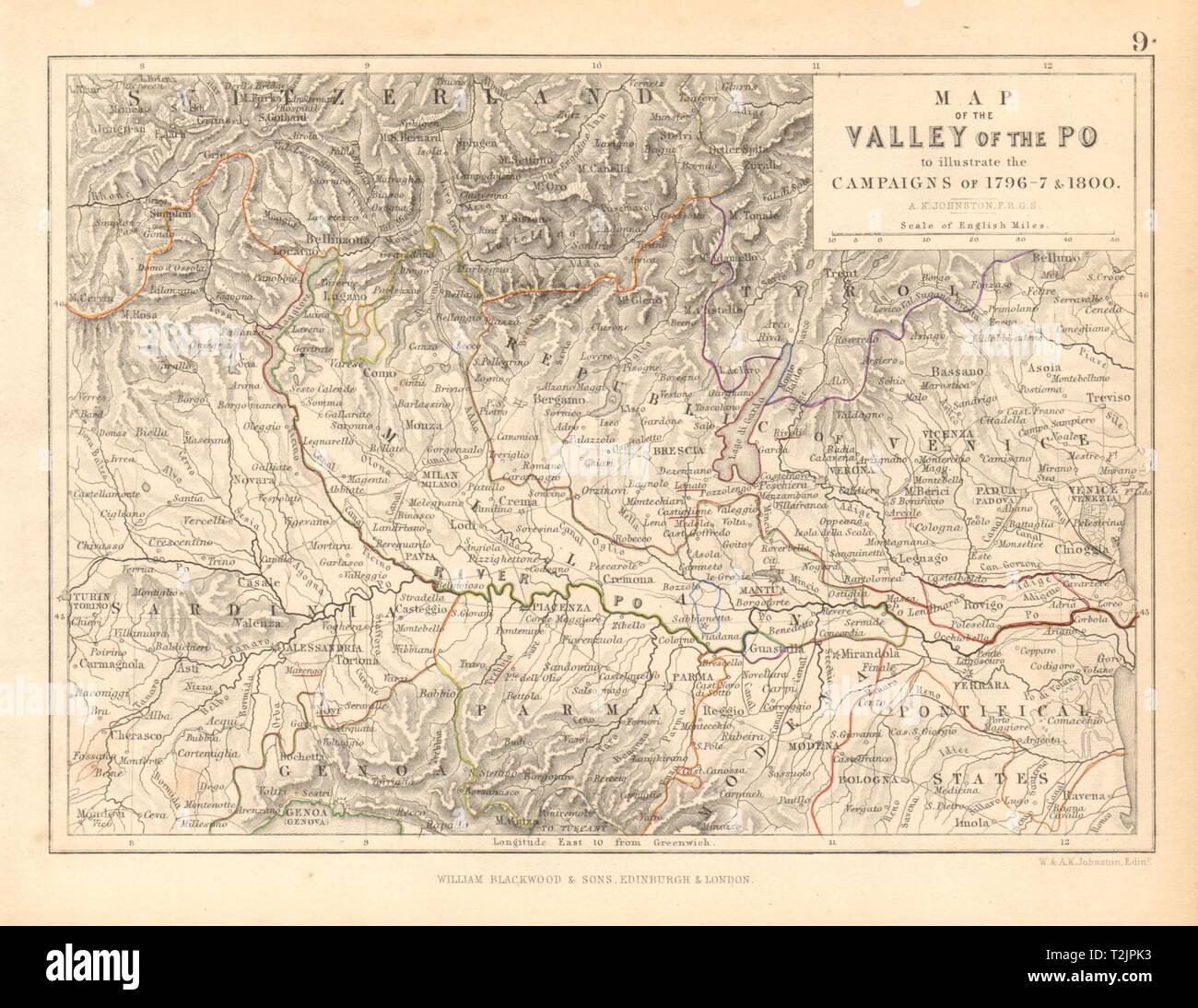 Valle Po per illustrare le campagne napoleoniche di 1796-7 & 1800 1850 mappa vecchia Foto Stock