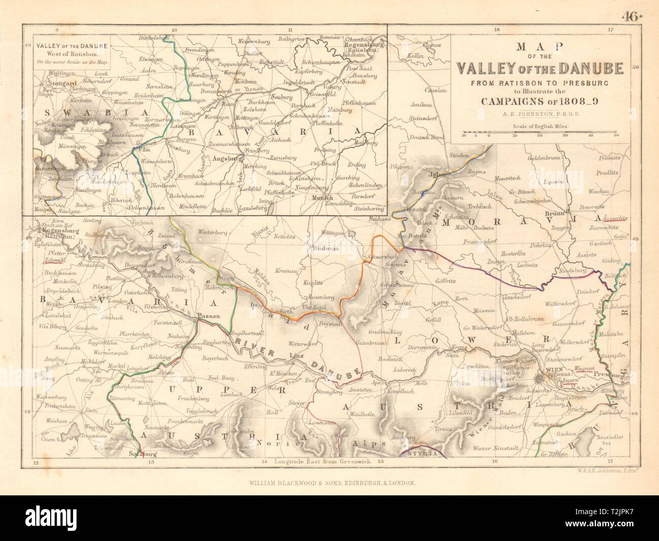 Valle del Danubio. Regensburg-Bratislava. Le campagne napoleoniche di 1808-9 1850 mappa Foto Stock