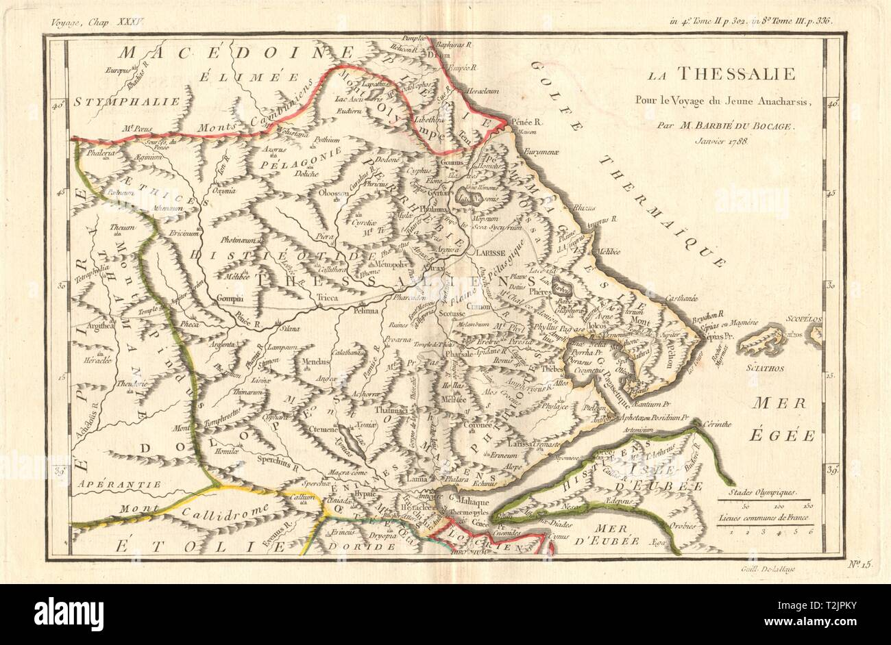 Grecia antica. Thessalie (Tessaglia). Colorati. BARBIÉ DU BOCAGE 1790 mappa vecchia Foto Stock