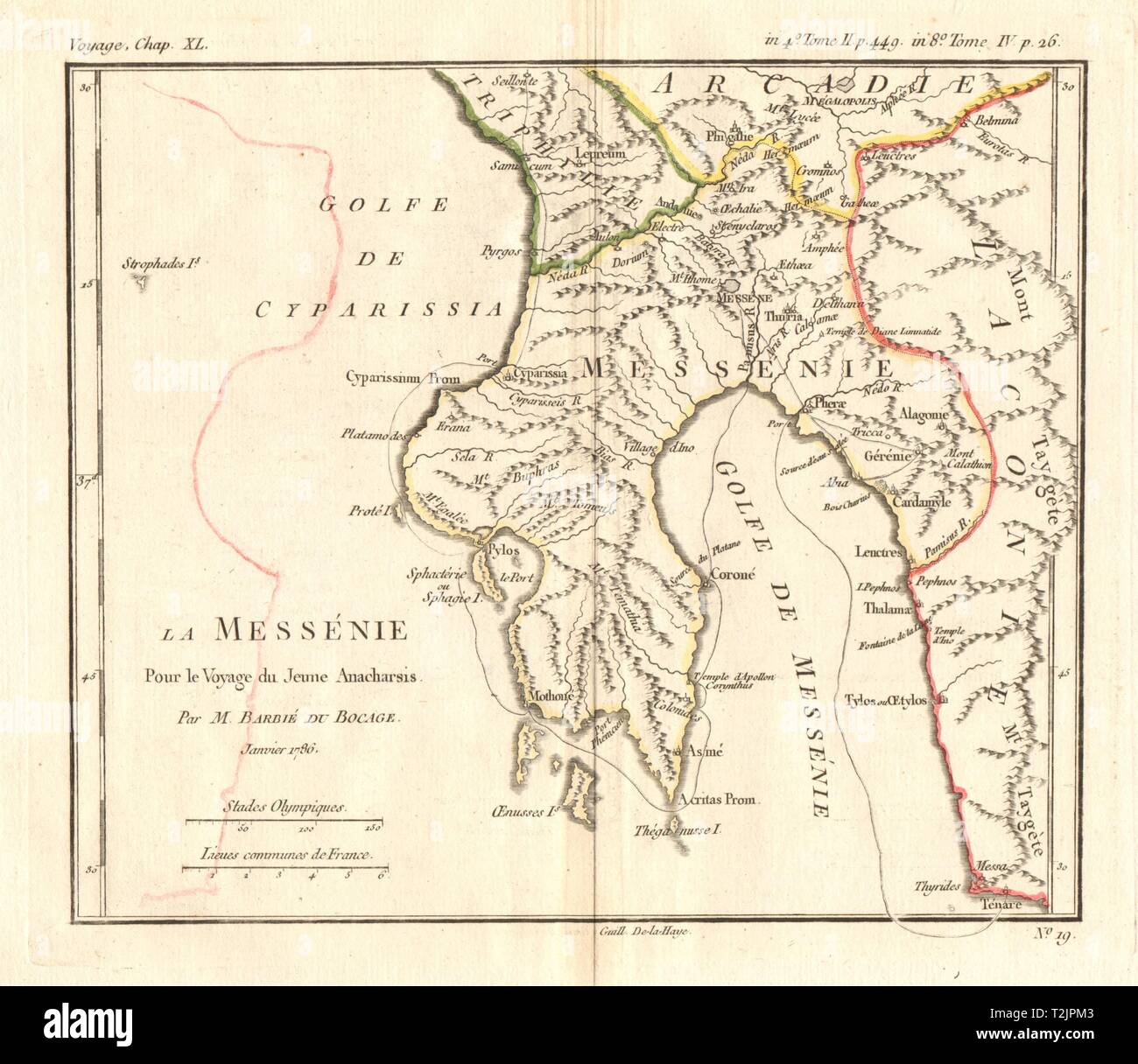 Grecia antica. Méssénie (Messenia). Colorati. BARBIÉ DU BOCAGE 1790 mappa vecchia Foto Stock