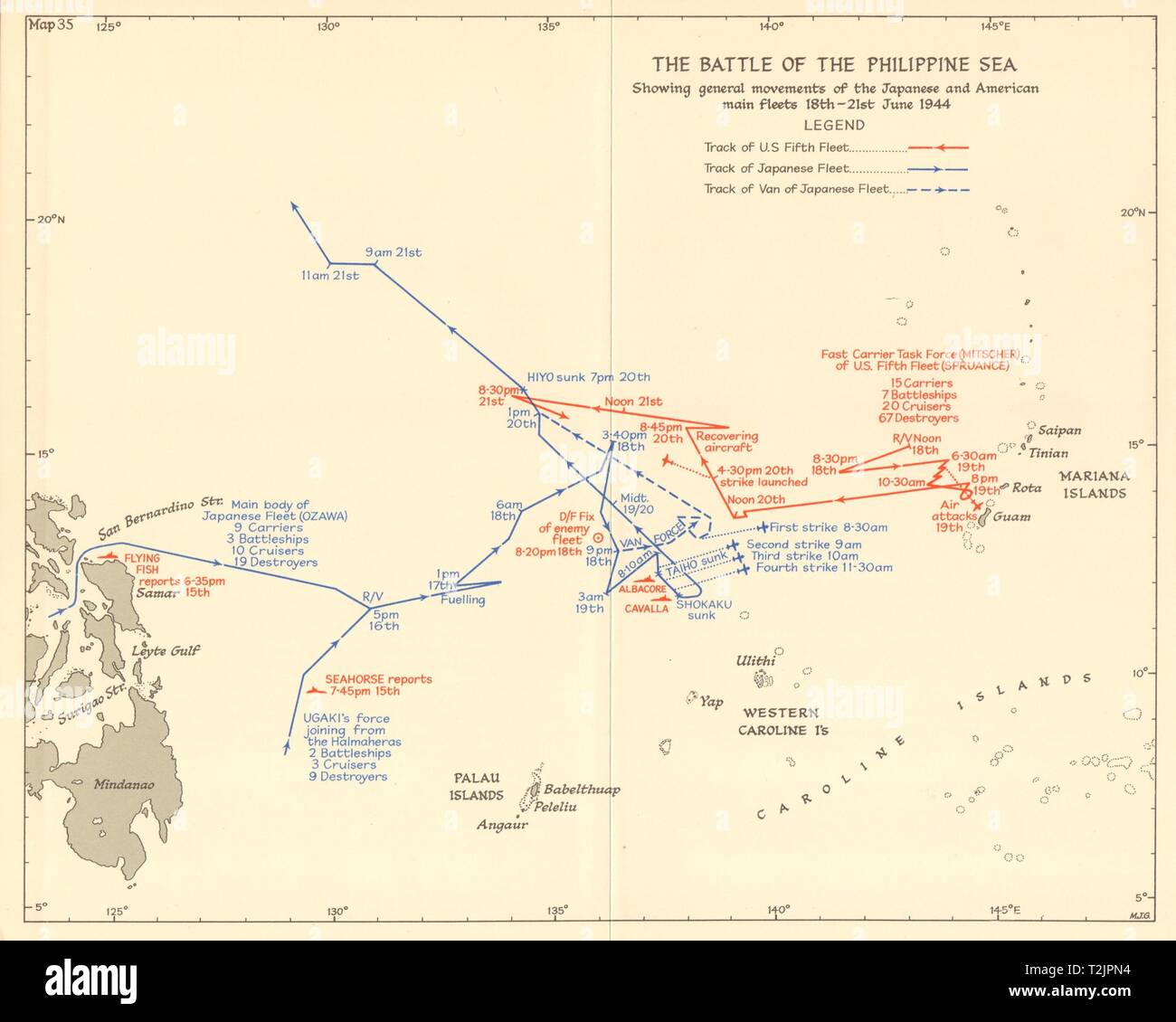La battaglia del Mare delle Filippine 18-21 Giugno 1944. Guerra Mondiale 2 Pacifico. 1961 mappa Foto Stock