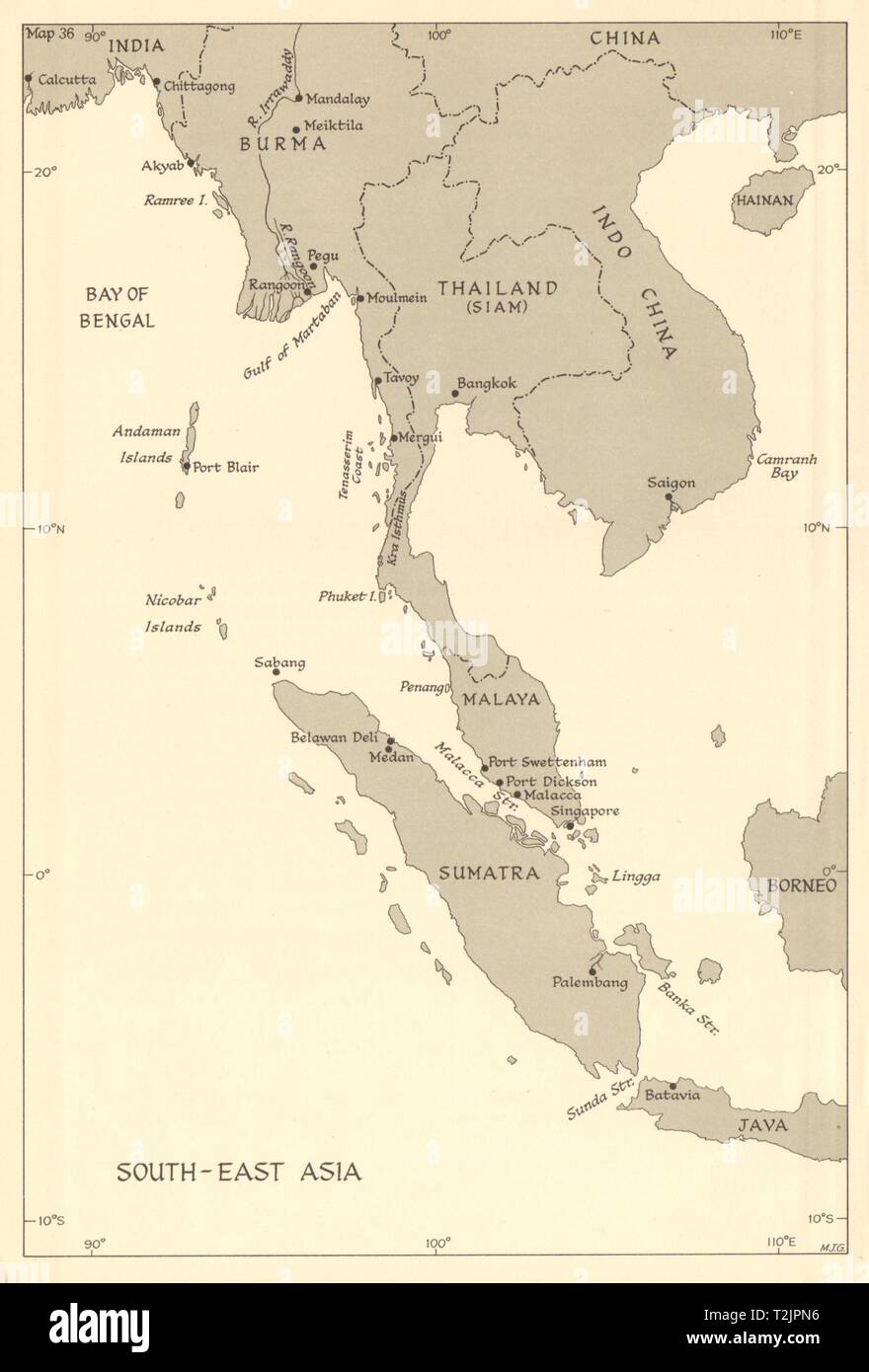 Il sud-est asiatico. Indocina nel 1944. Porte. Guerra Mondiale 2 campagne navali 1961 mappa Foto Stock