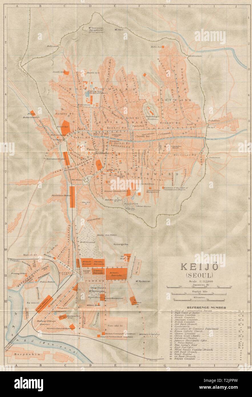 "Keijo'. Seoul città antica pianta della città. Corea del Sud 1913 mappa vecchia grafico Foto Stock