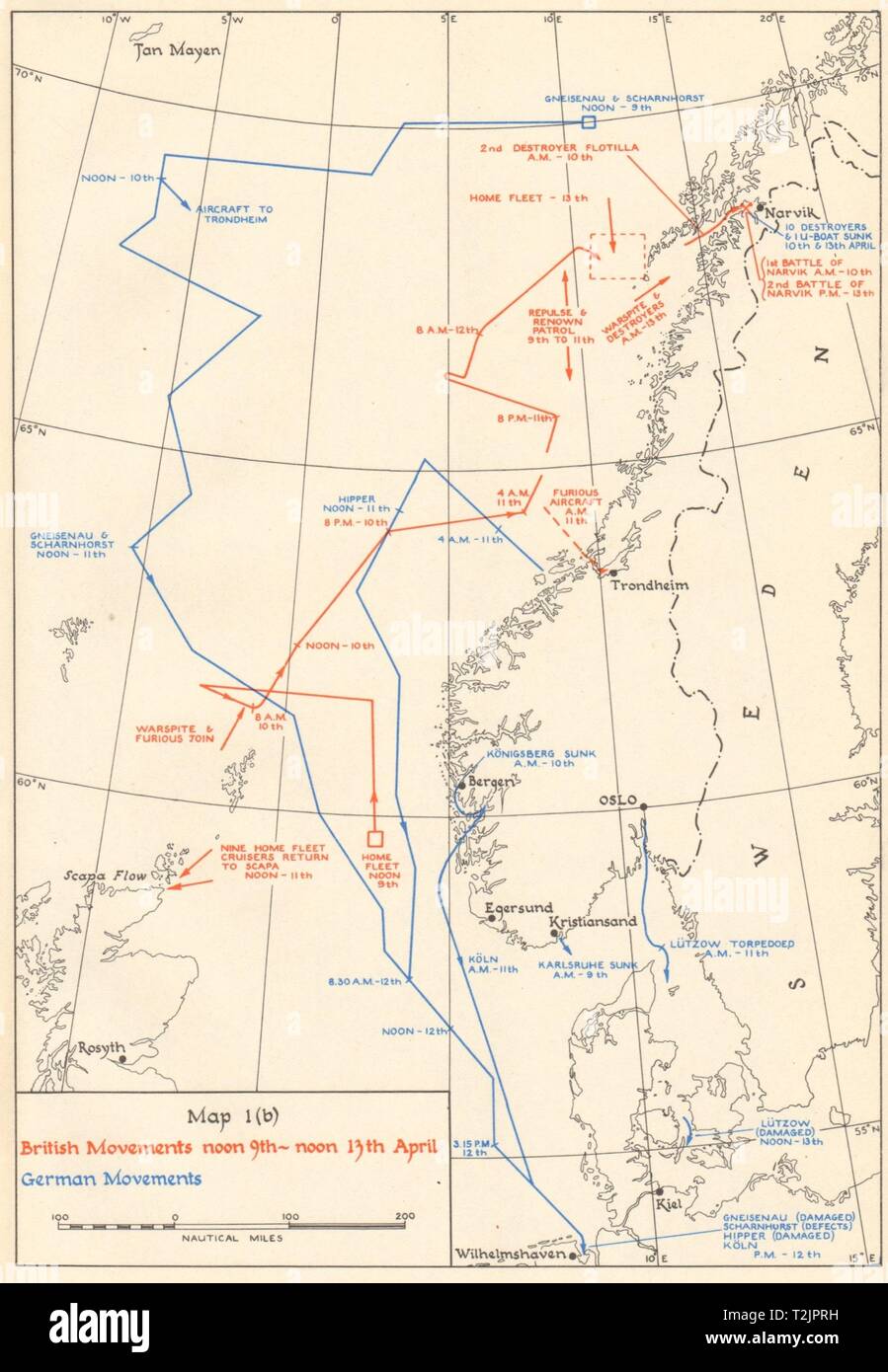 Guerra Mondiale 2 invasione della Norvegia. Movimenti navali 9-13 aprile 1940 1952 mappa vecchia Foto Stock