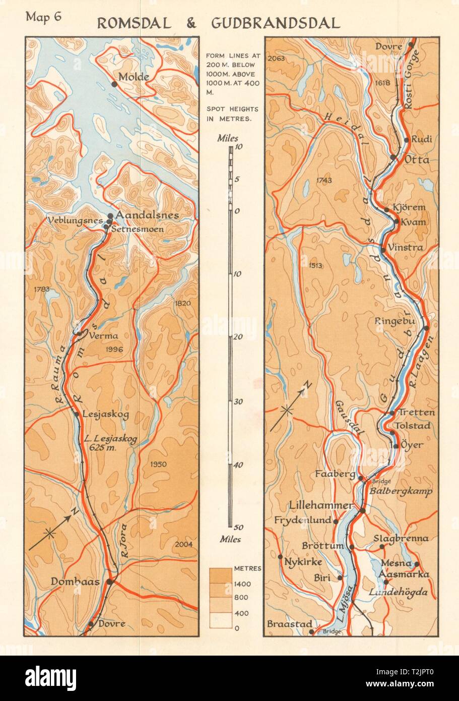 Guerra Mondiale 2 invasione della Norvegia. Romsdal & Gudbrandsdal 1940 1952 mappa vecchia Foto Stock