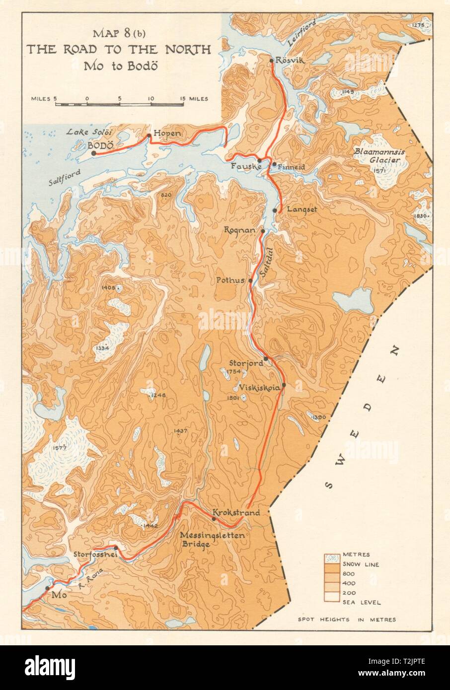 La seconda guerra mondiale la Norvegia campagna. Strada da Mo a Bodo 1940. Invasione tedesca 1952 mappa Foto Stock