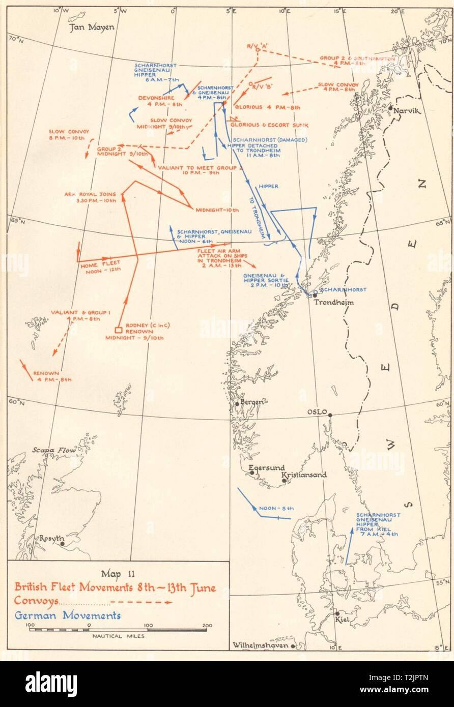 Guerra Mondiale 2 invasione della Norvegia. Movimenti navali 8-13 Giugno 1940 1952 mappa vecchia Foto Stock