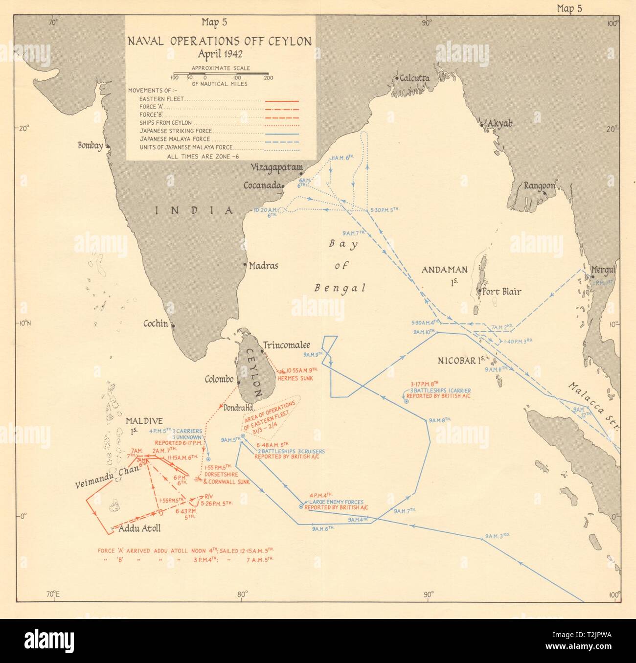 Oceano Indiano raid /Operazione C. Ceylon, aprile 1942. Guerra Mondiale 2 1961 mappa vecchia Foto Stock