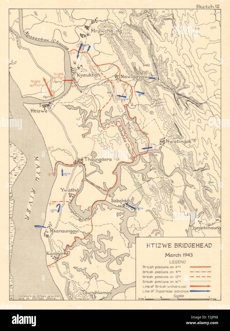 Bridgehead Htizwe Marzo 1943. Il giapponese conquista della Birmania. Guerra Mondiale 2 1961 mappa Foto Stock