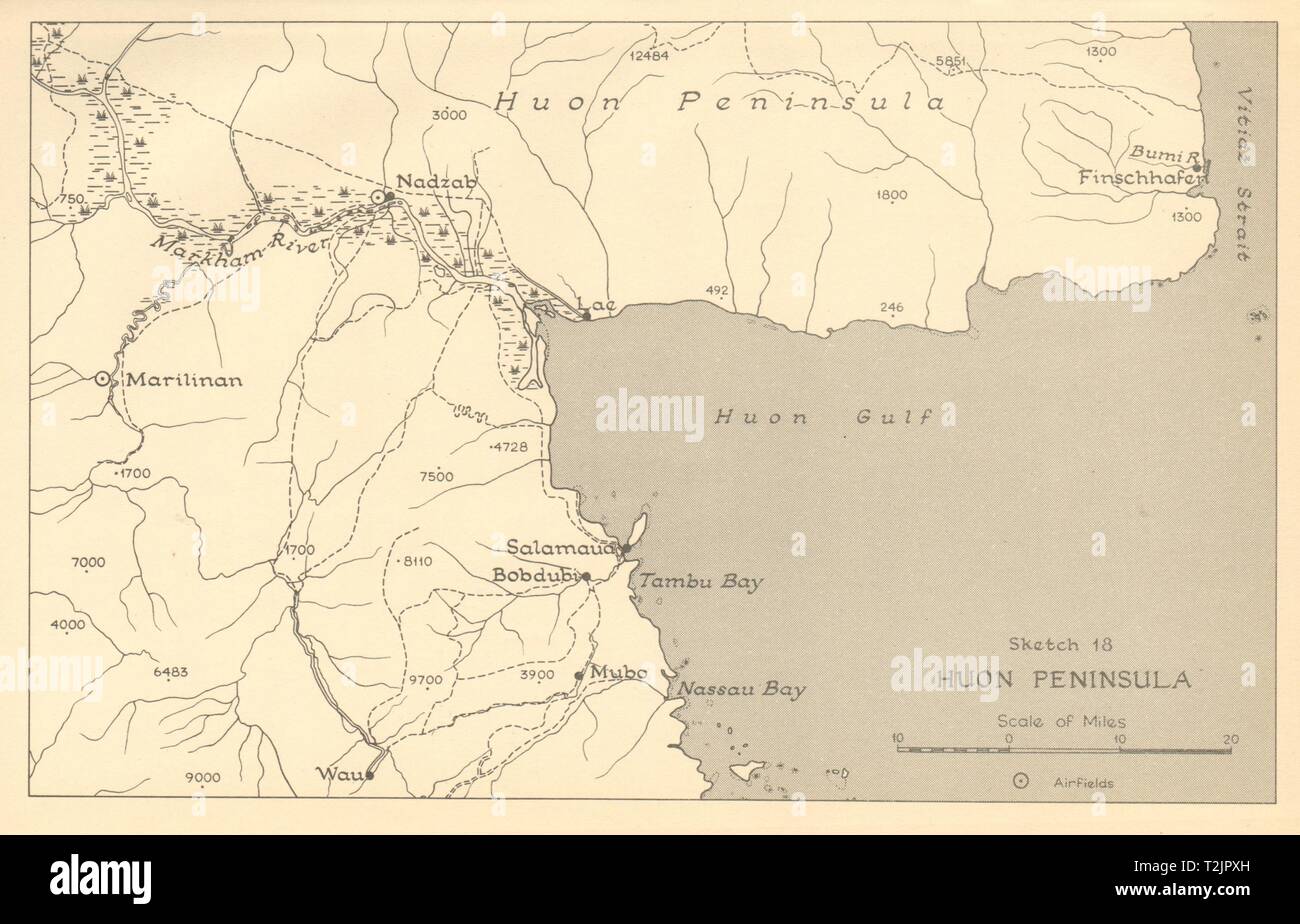 Penisola di Huon campagna 1943. Papua Nuova Guinea. Guerra Mondiale 2 1961 mappa vecchia Foto Stock
