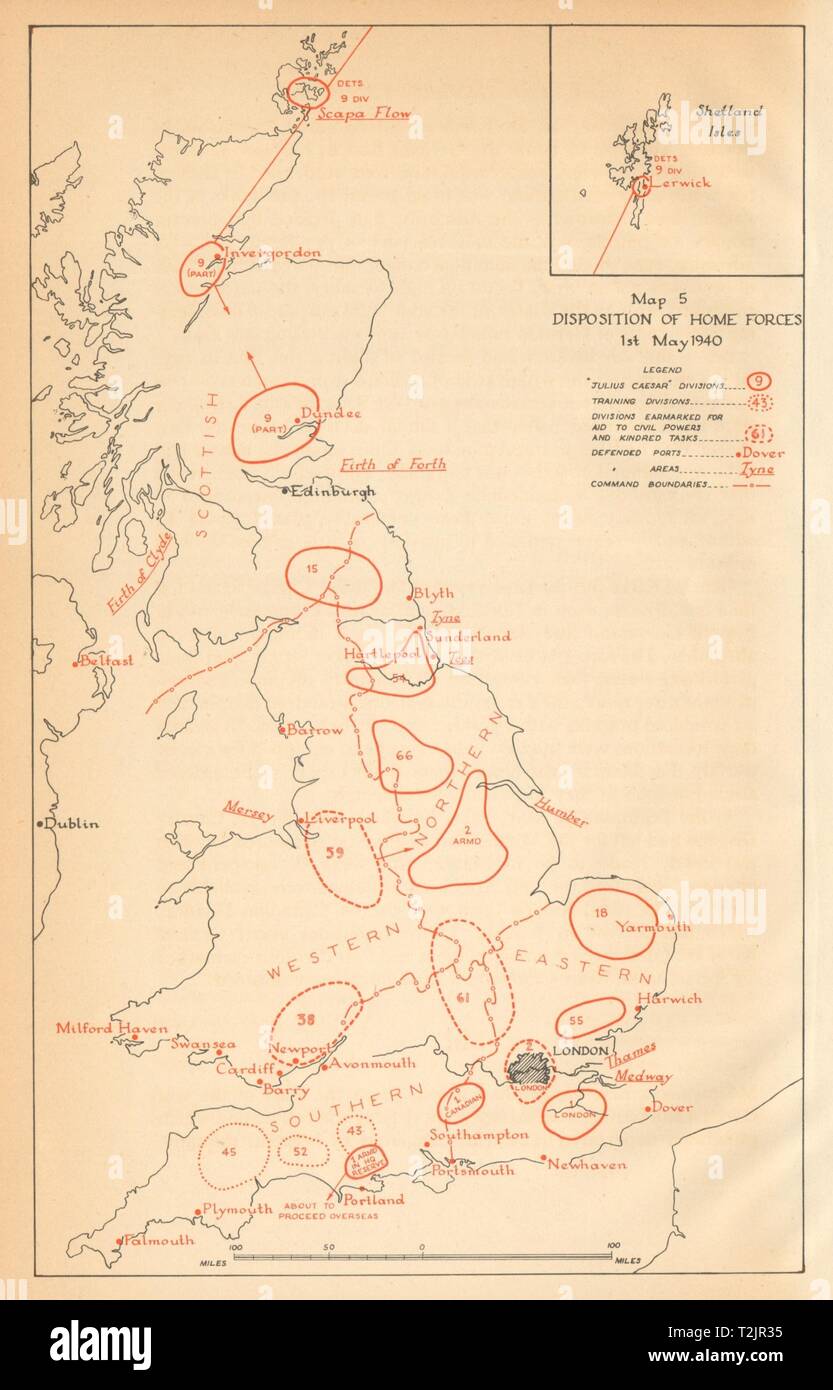 Nel Regno unito le forze di casa disposizione 1 maggio 1940. Guerra mondiale 2. Funzionamento Sealion 1957 mappa Foto Stock