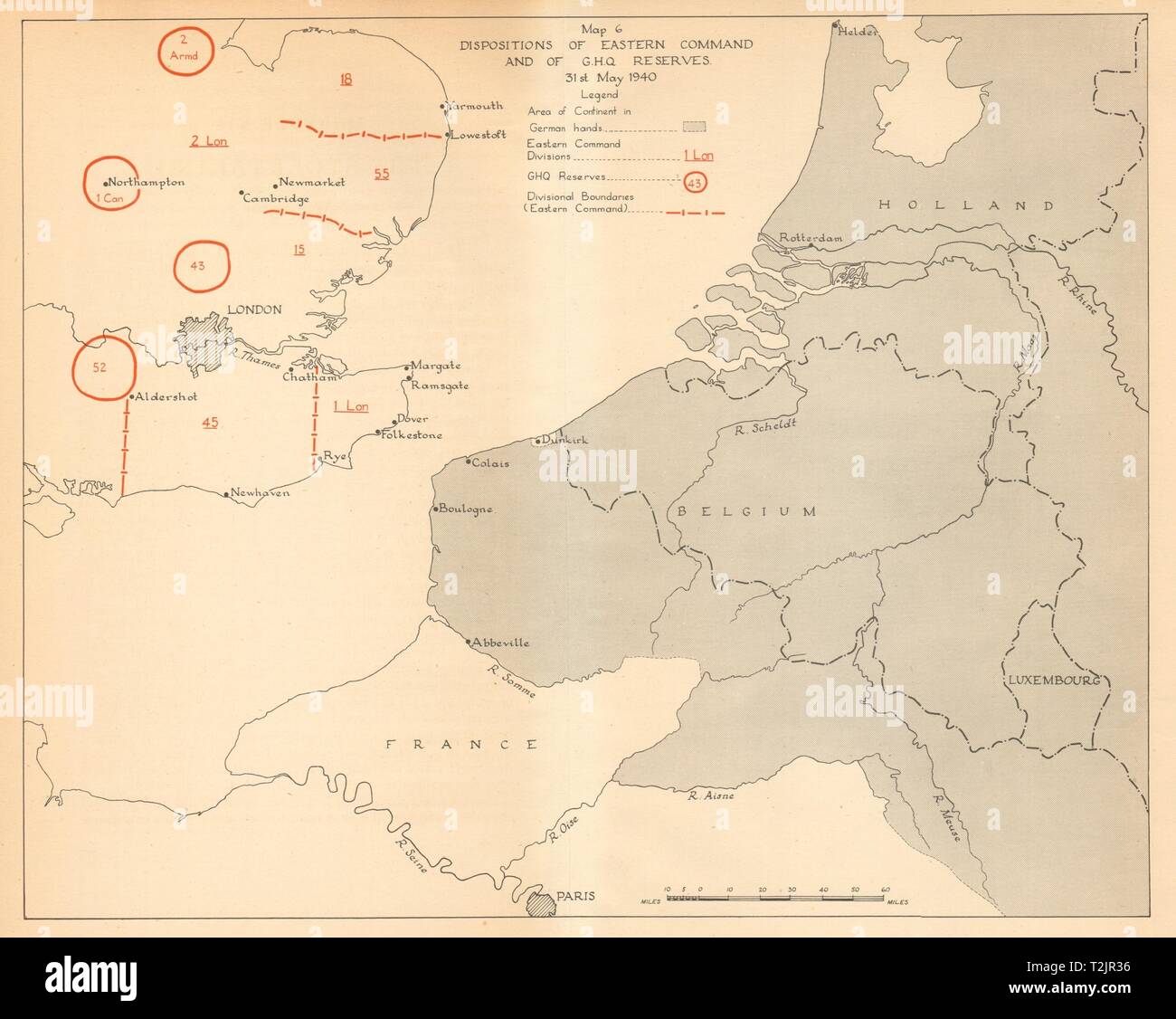 La disposizione di UK Eastern Command & GHQ si riserva il 31 maggio 1940. WW2 1957 mappa Foto Stock