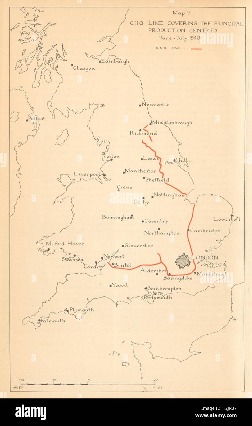 GHQ UK linea di difesa. Principali centri di produzione di luglio 1940. WW2 1957 mappa vecchia Foto Stock